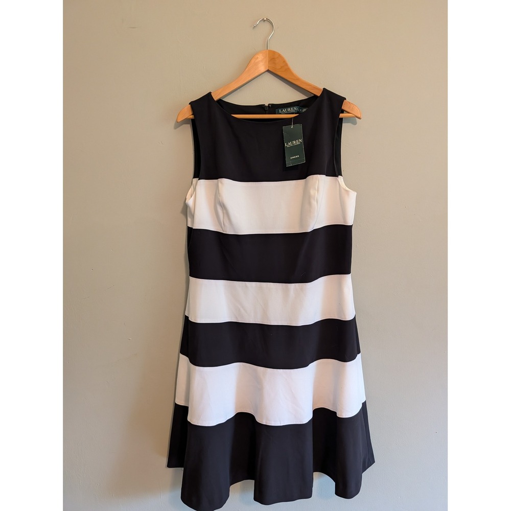 Lauren Ralph Lauren Black White Striped Sleeveless Fit Flare Dress 14 NWT
